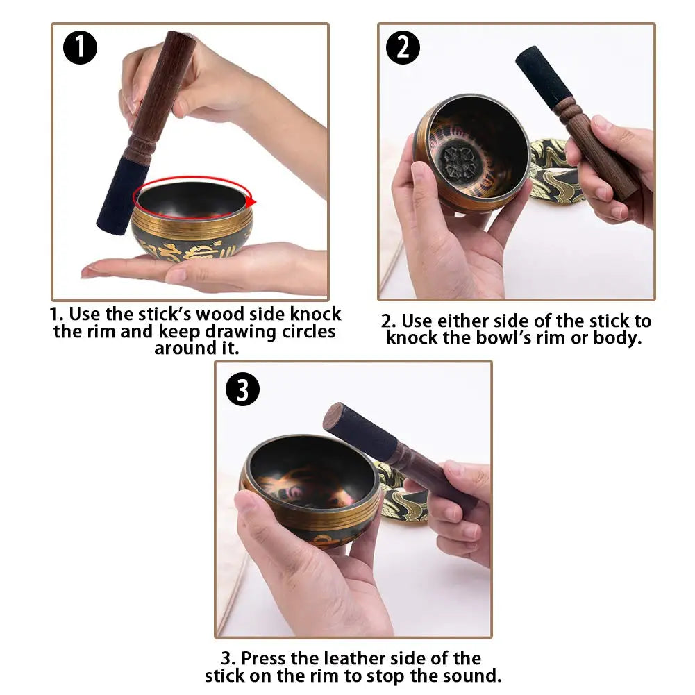 Tibetan Singing Bowl Set with Lotus Design